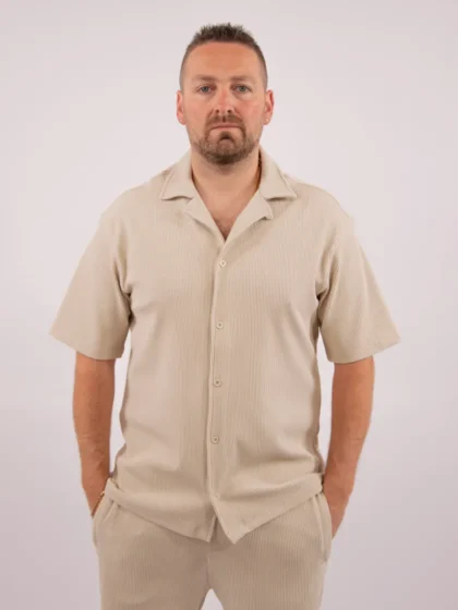 Malelions ribbed camp collar shirt light taupe