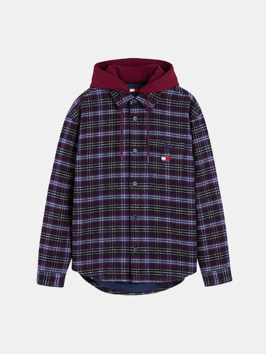 Tommy Jeans Logo Hooded Overshirt 1 Tommy Jeans dm0dm23521 0qm calypso berry check