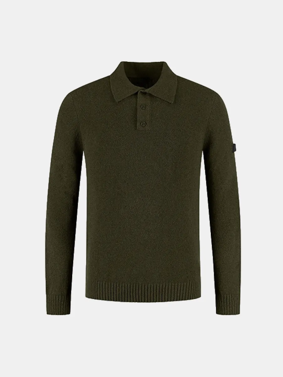 Malelions Premium Knitted Boucle Longsleeve Polo 1 Malelions premium knitted boucle long dark olive